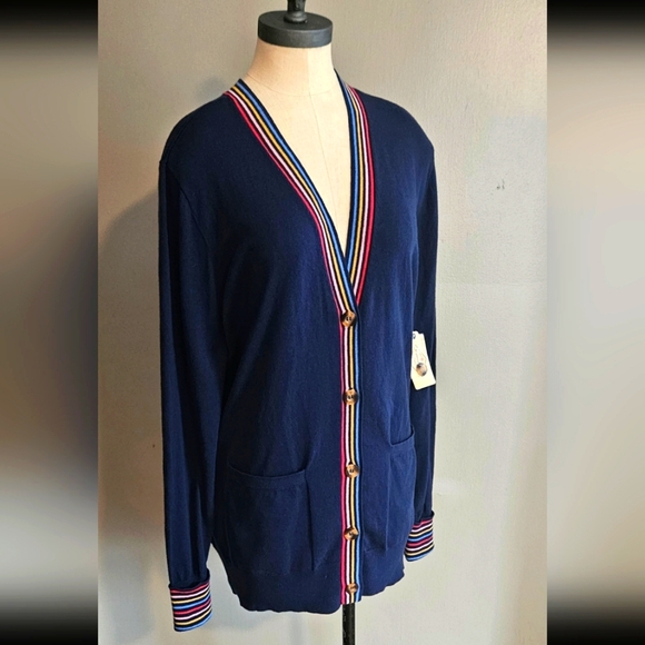 St. John's Bay Sweaters - NWT St John's Bay Navy Dad Cardigan with Rainbow Striped Trim - Sz L 100% Cotton